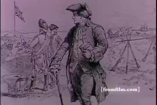 The still from 'Great Moments in History - Army Recruiting' depicts a historical scene, likely set in the 18th century. It features a man dressed in period clothing, holding what appears to be a pamphlet or document, standing confidently with a cane. In the background, soldiers are gathered, some engaging in activities related to military life, with a flag visible, conveying a recruitment theme. The overall tone is illustrative, reflecting the era's military recruitment practices.