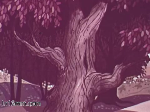 The still from the 'Blue Shield Hunting Safety PSA - 1960's' features a stylized depiction of a gnarled tree set against a background of vibrant foliage. The colors are warm and earthy, with pinkish tones dominating. The illustration seems to convey a serene yet alert atmosphere, aligning with the theme of hunting safety in a natural setting. The overall aesthetic suggests a blend of animation and educational messaging typical of public service announcements from that era.