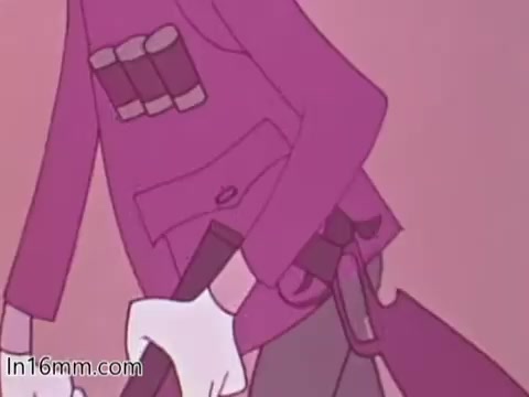 The still features an animated character dressed in a purple outfit that suggests a hunting context. The character is holding a rifle and appears to have additional ammunition or supplies attached to their clothing. The overall color palette is warm, with shades of pink and purple dominating the scene. The piece likely emphasizes hunting safety, showcasing a character designed to convey important safety messages.