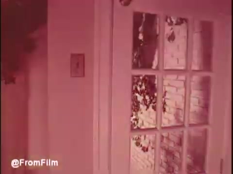 The 16mm still from 'Bounty Commercial Threaded Backwards' features a somewhat surreal view through a glass-paned door. The colors have a reddish tint, creating an unusual atmosphere. The setting appears to be a domestic space with visible greenery outside the door, hinting at a garden or natural space. The overall composition suggests an intimate yet slightly disorienting scene, likely contributing to the unique effect of the commercial when viewed in reverse.
