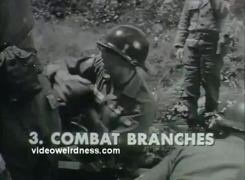 The still from the 1950s Army Recruiting PSA features soldiers in a military setting, likely demonstrating various combat roles. The focus is on a soldier crouching with equipment, while others stand nearby. The text '3. COMBAT BRANCHES' prominently displays the topic being covered. The scene conveys action and the camaraderie of military life, typical of recruitment efforts during that era.
