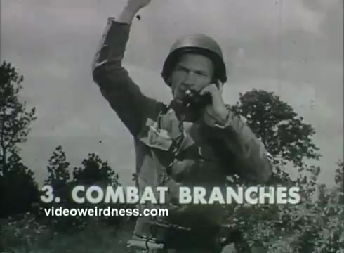 The still shows a soldier in a military uniform holding a phone with one hand raised, suggesting a call to attention or signaling. In the foreground, the text '3. COMBAT BRANCHES' is displayed prominently. The setting appears to be outdoors, likely in a wooded area, reflecting a recruitment theme typical of 1950s army public service announcements.