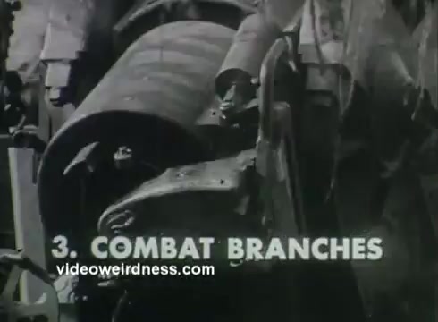 The still features text prominently stating '3. COMBAT BRANCHES' in bold, clear lettering, set against a backdrop that appears to show machinery or military equipment from the 1950s. The image is representative of a U.S. Army recruiting public service announcement aimed at highlighting various roles within the military. The black-and-white aesthetic captures the era's filmmaking style.