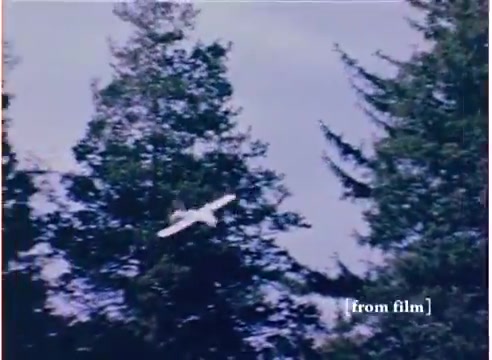 The still from the 1972 toy commercial for the 'Flying Submarine' toy features a small, white flying object soaring through a backdrop of tall evergreen trees. The vibrant colors capture the essence of playful adventure, while the commercial’s context suggests a whimsical and imaginative product. Marked as '[from film],' the image hints at nostalgia, evoking memories of vintage toy promotions.