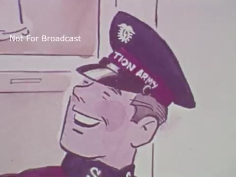 The still from the 1972 Salvation Army PSA featuring Hi and Lois depicts a jovial character in a Salvation Army uniform, wearing a cap that prominently displays the organization's name. The character appears cheerful and friendly, suggesting a tone of warmth and community support typical of public service announcements. The visual style captures the essence of animated comic strips, aligning with the original Hi and Lois comic flavor. The context emphasizes the significance of the Salvation Army's charitable work.