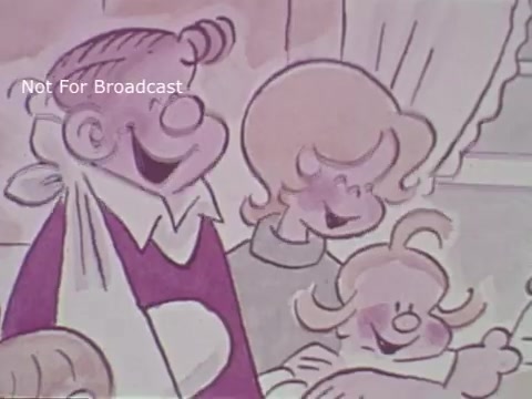 The still from the 1972 Salvation Army PSA featuring the characters Hi and Lois showcases a cheerful family scene. Hi and Lois are depicted with friendly smiles, embodying warmth and happiness. The colors are soft and pastel, contributing to a lighthearted ambiance. The setting suggests a home environment, reinforcing themes of community and togetherness associated with the Salvation Army's message. The overall tone is optimistic and inviting, typical of public service announcements from that era.