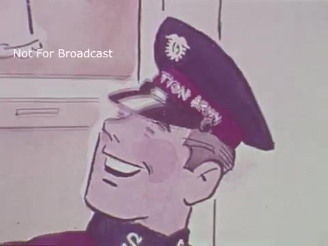 The still depicts a character from the 1972 Salvation Army PSA featuring the cartoon characters Hi and Lois. The character is wearing a Salvation Army cap, smiling with an upbeat demeanor. The animation style is colorful and playful, characteristic of the period's cartoons. The scene likely promotes community service or support from the Salvation Army, aligning with the organization’s mission.