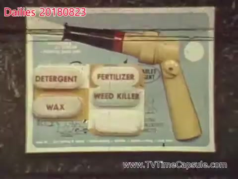The still features a vintage spray bottle with a nozzle, accompanied by buttons labeled 'Detergent,' 'Fertilizer,' 'Wax,' and 'Weed Killer.' The background includes a light blue label, suggesting a product for various household or gardening uses. The overall aesthetic is retro, indicative of mid-20th century design.