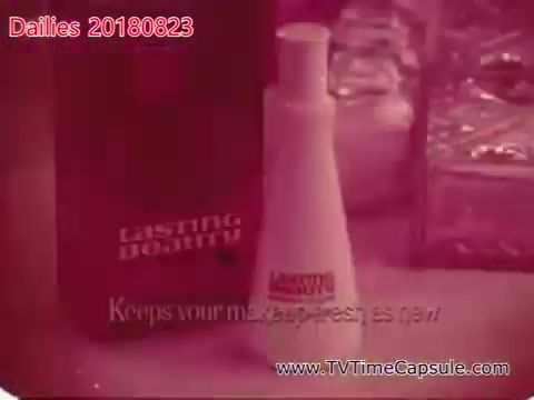 The still features a white bottle of a cosmetic product, prominently labeled with 'Listing Beauty,' accompanied by a red box in the background. The text underneath suggests the product maintains makeup freshness. The overall color tone is reddish, giving it a vintage aesthetic, typical of 16mm film.