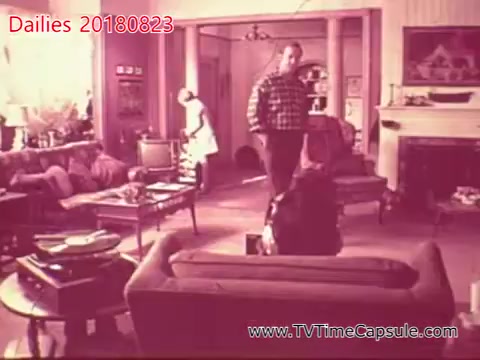 The still from 'dailies 20180823-scott-towels-etc' depicts a domestic scene in a living room. A man in a plaid shirt stands in the foreground, while a woman moves around in the background. The room features a cozy, vintage decor with furniture like a sofa and coffee table, suggesting an everyday life setting. Overall, the image conveys a sense of familiarity and domesticity.