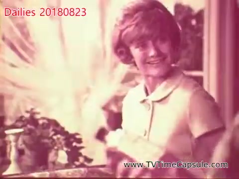 The still features a smiling woman with short, styled hair, wearing a light-colored blouse. She appears to be engaged in a cheerful conversation, possibly in a home setting with a window in the background that allows sunlight to filter through. There is a decorative plant and a reflective surface nearby, suggesting a warm and inviting atmosphere. The image has a vintage feel typical of 16mm film.