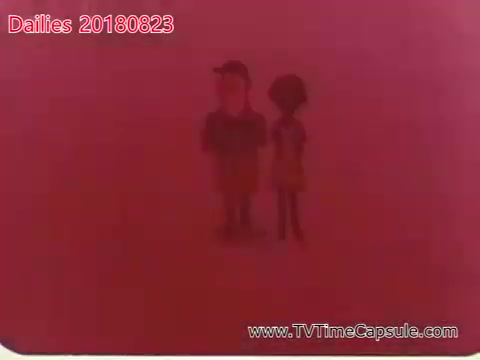 The still features two animated characters standing against a predominantly red background. The characters appear to be a boy and a girl, depicted in a simplistic, cartoonish style. The image conveys a playful or whimsical tone, but the strong red hue creates a dramatic effect, potentially indicating a scene of significance in the context of the dailies.