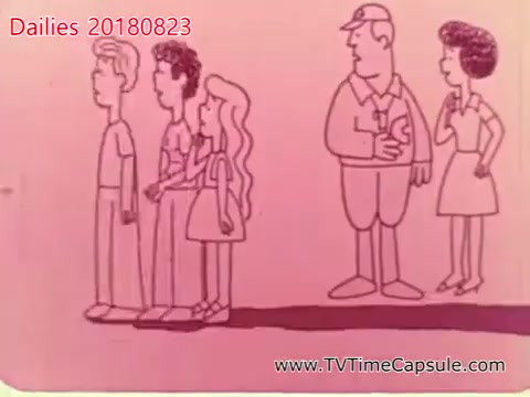 The still features a simplified, cartoonish depiction of four characters lined up, with a male figure in a uniform standing beside a female figure. The overall design conveys a playful or humorous tone, typical of animation. The background is a soft pink, enhancing the lighthearted atmosphere. The setting suggests a queue or waiting scene, possibly indicating a moment of interaction or anticipation among the characters.