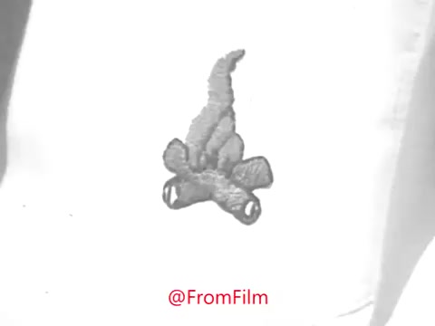 The still from 'Camp Fire Girls PSA - 1969' features an embroidered emblem of a campfire with elements like logs, possibly symbolizing community and outdoor activities associated with the Camp Fire Girls organization. The image appears a bit warped, which may affect its clarity, and the soundtrack suggests an old film quality.