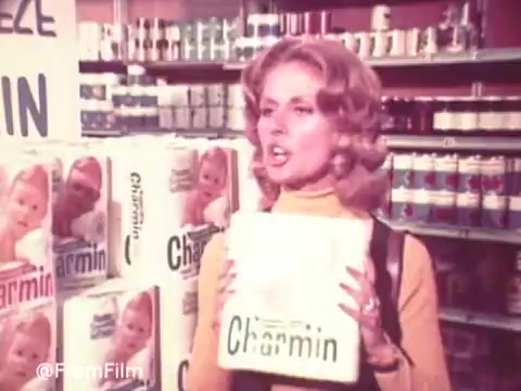 In this still from the 1970s Charmin commercial featuring Mr. Whipple, a woman with stylish, voluminous hair is holding a package of Charmin toilet paper. She's likely in a grocery store aisle, surrounded by stacked Charmin products. The sign in the background prominently features the phrase 'Don't squeeze the Charmin,' emphasizing the playful theme of the ad. The overall aesthetic reflects the vibrant, colorful advertising style of that era.