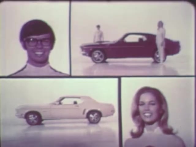The still features a vintage layout with four panels. In the top left, a man wearing glasses and a stylish outfit is seen. The top right shows a red car with a person standing beside it. The bottom left displays a yellow car, while the bottom right features a smiling woman. The aesthetic and color tones reflect the retro style typical of the era depicted.