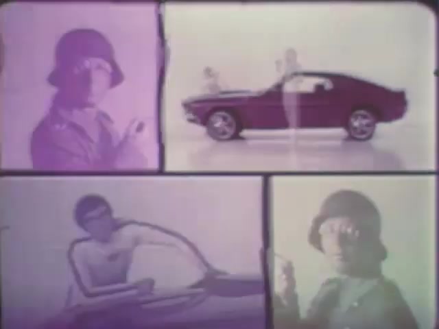 This still showcases a collage of four frames featuring a mix of stylized graphics. One frame prominently displays a sleek red car, while the others depict figures in vintage clothing, including one wearing a helmet. The color palette leans towards purples and light washes, giving it a retro aesthetic typical of 16mm film. The overall composition suggests a playful or promotional tone, possibly highlighting automotive themes or a creative project.