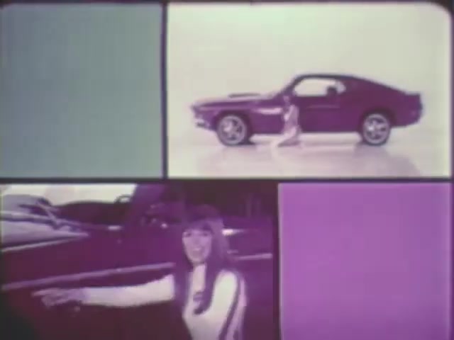 The still features a split-screen format with vibrant colors. One section displays a sleek car, while another shows a woman gesturing enthusiastically beside a vehicle. The overall aesthetic conveys a retro style, typical of 16mm film, emphasizing automotive appeal and playful visuals.