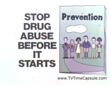 The still from the PSA 'Stop Drug Abuse Before It Starts' features bold, black text on a light background, emphasizing the message of prevention. To the right, a stylized illustration shows a diverse group of six individuals standing together, representing unity and support. The title 'Prevention' is prominently displayed at the top, conveying the focus on proactive measures against drug abuse. The overall design aims to convey a hopeful and educational tone, promoting the idea that early intervention can make a positive impact in children's lives.