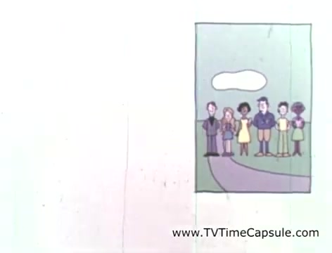 The still from the PSA 'Prevention - Stop Drug Abuse Before It Starts' features an illustration of a diverse group of people standing together. They appear to represent different ages and backgrounds, emphasizing the communal effort in preventing drug abuse. The group is positioned on a path that suggests a journey, with a simplistic landscape in the background including a cloud in the sky. The visual style is likely colorful and engaging, aimed at conveying a message of hope and support in the context of youth development and prevention. The overall tone aligns with the voiceover, highlighting the importance of caring relationships in fostering resilience against drug use.
