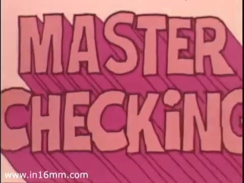 The still features bold, stylized text reading 'MASTER CHECKING' in pink with shadow effects, conveying a vibrant and eye-catching design typical of animated commercials. The context suggests a promotional message regarding overdraft protection linked to MasterCharge cards, aimed at encouraging viewers to consider the benefits of the service offered by City National Bank. The animation style reflects a playful and approachable tone.