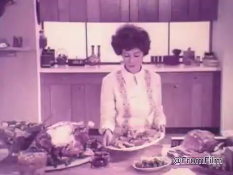 The still from the 'Baggies alligator storage bags' commercial features a woman in a kitchen setting. She is holding a plate of food, potentially a mix of dishes. The kitchen appears retro, with wooden cabinets and classic appliances. The focus is on the woman as she prepares food, possibly emphasizing the convenience and effectiveness of using Baggies alligator bags to protect food from freezer burn, highlighting the product's durability and reliability.