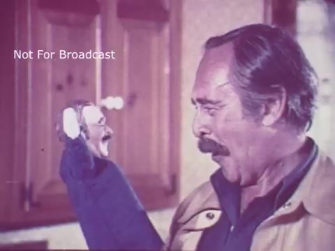 The still from the 1970s PSA on toy safety features a man interacting with a puppet. He appears to be engaged and demonstrating the puppet, highlighting the importance of toy safety. The background suggests a domestic setting, likely a kitchen, which frames the message in a relatable context. The image reflects the era's style, with a focus on educating parents about safe toys for children.