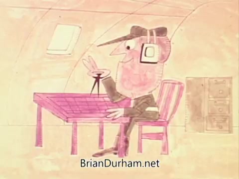 The still from the 1967 Air Force Reserve recruiting commercial features a cartoonish character, a man seated at a table inside an aircraft. He wears headphones and is depicted in a playful, exaggerated style. The background suggests an aircraft interior, and the character is engaging in a lighthearted activity, possibly measuring or plotting something, while conveying a sense of fun and approachability about joining the Air Force Reserve.