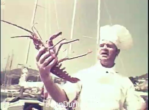 The still from the 'Lancer Wine Commercial - 1971' features a chef in a traditional white outfit and tall chef’s hat, holding a large lobster in one hand. He appears enthusiastic as he highlights the seafood against a backdrop of sailboats in a marina. The overall tone of the image suggests a focus on quality ingredients for a culinary experience, likely paired with Lancer wine. The colors are slightly faded, typical of 16mm film, adding a nostalgic touch.
