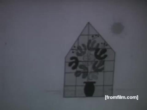 The still depicts a stylized, animated scene from a 1950s UPA commercial for Blue Mist Windex. It features a simplified house shape with a grid pattern, alongside decorative elements, likely emphasizing cleanliness and the product's effectiveness. The overall aesthetic is characteristic of the mid-century modern animation style, focusing on minimalism and bright colors.