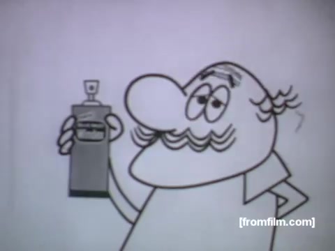 The still features a cartoonish character with a large nose and a cheerful expression. He holds a bottle of Blue Mist Windex, highlighting the product in a playful manner. The style is simplistic and bold, characteristic of 1950s UPA animation, focusing on clean lines and minimal detail. The background is plain, emphasizing the character and the product.