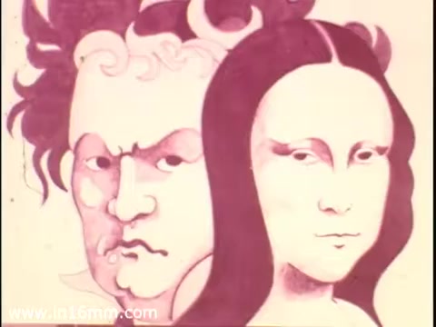 The still features a stylized illustration of two faces, one resembling a stern male figure with curly hair and the other a serene female figure with long, smooth hair. The artwork uses muted colors, primarily pink and beige, giving it a vintage look typical of the 1970s. This imagery likely conveys themes of artistic expression, aligning with the mission of the Cincinnati Fine Arts Fund to promote the arts in the community.