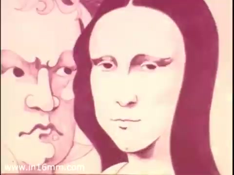 The 16mm still from the 'Cincinnati Fine Arts Fund Commercial' features stylized, illustrated faces that resemble iconic art figures, such as a serious-looking man and a woman with distinct features reminiscent of classical portraits. The color palette appears muted and reflects the artistic style of the 1970s, aligning with the promotional theme of supporting the arts in Cincinnati.