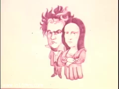 The still features two caricatured figures: one resembles a man with wild, curly hair and intense facial features, likely representing a famous composer, while the other is a stylized depiction of the Mona Lisa. The colors and style reflect the artistic tone of the 1970s commercial aimed at promoting the Cincinnati Fine Arts Fund, which later became ArtsWave.