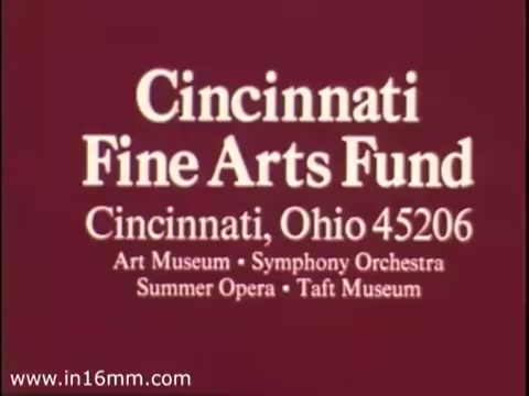The still features a maroon background with white text displaying the name 'Cincinnati Fine Arts Fund,' along with the location 'Cincinnati, Ohio 45206.' Below, it lists associated institutions: 'Art Museum,' 'Symphony Orchestra,' 'Summer Opera,' and 'Taft Museum.' The design reflects a classic 1970s aesthetic typical of promotional materials from that era.