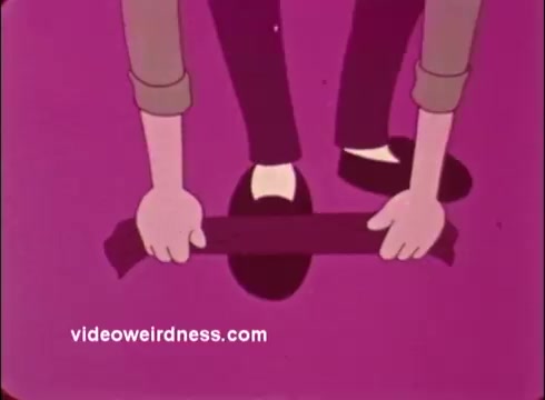 The still from the 1960s American Dental Association animated PSA features a pair of hands positioned on either side of a strip of dental floss. The background is a vibrant pink, adding to the playful and colorful aesthetic typical of that era's animation. The message emphasizes dental hygiene, specifically encouraging viewers to brush their teeth. The overall design is simple and engaging, reflecting the informative yet entertaining style of public service announcements from that time.