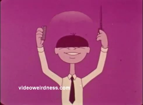 The still features a cartoon character with a simple, exaggerated design typical of 1960s animation. The character, wearing a white shirt and black tie, holds a comb in one hand and scissors in the other, all set against a vibrant pink background. The cheerful expression suggests enthusiasm, aligning with the PSA's positive message encouraging dental hygiene—specifically, to 'Brush your teeth!'