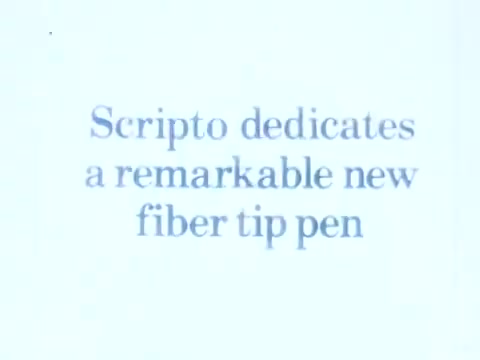 The still features text that reads, 'Scripto dedicates a remarkable new fiber tip pen.' The design likely emphasizes the innovative qualities of the pen, indicative of a commercial promoting Scripto's product. The tone is promotional and highlights the pen's uniqueness.