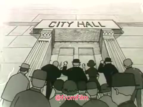 The still from 'Let's Clear the Air! Air Pollution PSA - 1968' depicts a crowd of animated characters gathered in front of a building labeled 'CITY HALL.' The characters appear to be protesting or demanding action, emphasizing community involvement in addressing air pollution issues. The animation style is simple and conveys a sense of urgency related to environmental concerns prevalent during that era. The image reflects the film's message regarding public awareness and government responsibility in tackling air quality challenges.
