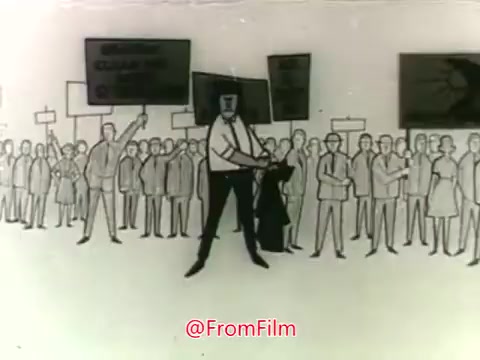 The still from 'Let's Clear the Air! Air Pollution PSA - 1968' features an animated scene depicting a crowd holding protest signs related to air pollution. In the foreground, a central figure, likely a speaker or leader, stands assertively, gesturing with a sign. The background includes a diverse group of individuals, all drawn in a simplistic, outlined style, emphasizing urgency and concern for environmental issues. The overall tone is one of activism, aiming to raise awareness about air quality and pollution.