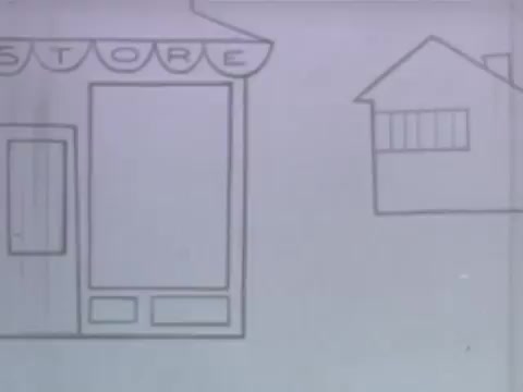 The still features a minimalist animated scene depicting a simple storefront labeled 'STORE' and a nearby house. The style is characteristic of UPA's 1950s animation, emphasizing clean lines and a flat aesthetic. This visual sets the stage for a commercial, likely connecting to Nabisco's Triscuit snack crackers, while embodying the era's distinctive graphic design and animation techniques.