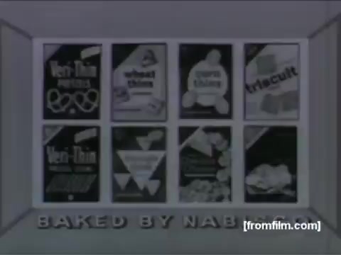 The still features a retro design showcasing various Nabisco snack cracker products, including Triscuit. Each product is represented by its packaging in a grid layout, with bold typography and graphics typical of the 1950s advertising style. The phrase 'Baked by Nabisco' is prominently displayed at the bottom, emphasizing brand identity. The overall aesthetic reflects the playful and simplistic animation style associated with UPA.