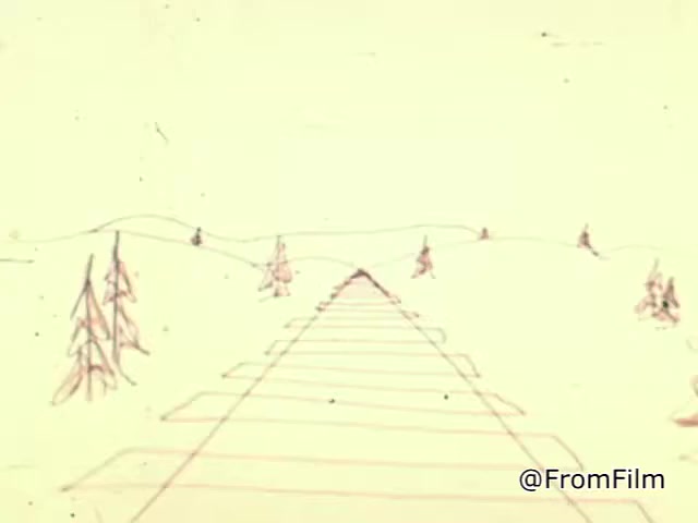 The still from the 1967 Christmas Seals PSA features a simplistic, hand-drawn landscape. In the foreground, a train track leads into the distance, emphasizing perspective. Flanking the track, stylized pine trees are depicted, suggesting a wintery environment. The overall aesthetic has a nostalgic, sketch-like quality typical of the era's animations. This scene likely aimed to convey a sense of warmth and hope associated with the holidays while promoting the message of the National Tuberculosis Association's campaign.