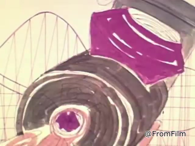The still from the 1967 Christmas Seals PSA showcases a hand-drawn style emphasizing an oversized seal design, featuring prominent purple and white colors. The illustration depicts the seal in the foreground, with a background hinting at a whimsical landscape, possibly resembling train tracks or a roller coaster. The overall visuals convey a playful and nostalgic feel, characteristic of mid-century public service announcements aimed at raising awareness for tuberculosis. The artistic rendering adds a charming, vintage touch to the message of supporting the National Tuberculosis Association.