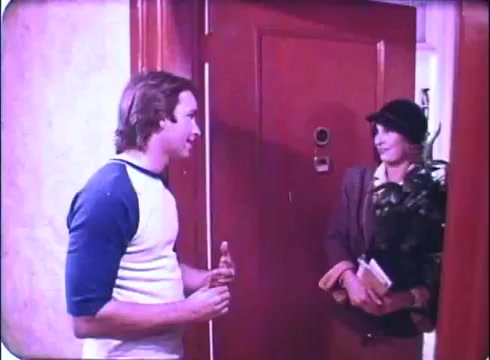 The still from the 'Hero at Large' movie promo captures a lighthearted moment between two characters. On the left, a man wearing a casual white and blue shirt appears to be engaging in conversation, gesturing with his hands. On the right, a woman dressed in a blazer holds a plant and some books, indicating a friendly interaction. The setting seems to be an apartment doorway, adding to the domestic atmosphere of the scene. The overall mood reflects the comedic and warm tone of the film.