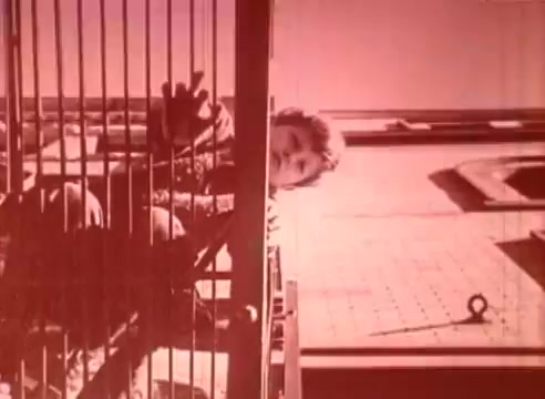 The still from 'Erik Satie and the King of the Beans - Part I' depicts a young child peering through vertical bars, possibly a balcony or railing. The image is rendered in a reddish hue, creating a dreamlike atmosphere. The child's expression is curious, adding an element of intrigue. The setting appears to be an urban environment, suggested by the architectural elements in the background. This frame likely reflects themes of exploration and whimsy relevant to the educational content of the film.