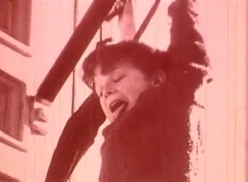 The still from 'Erik Satie and the King of the Beans - Part I' depicts a child hanging from a structure, likely in an expression of joy or excitement. The use of a warm color palette gives the image a nostalgic feel, emphasizing the film's educational and whimsical nature. The child's facial expression suggests a mixture of thrill and determination, aligning with the playful themes often found in Satie's work.