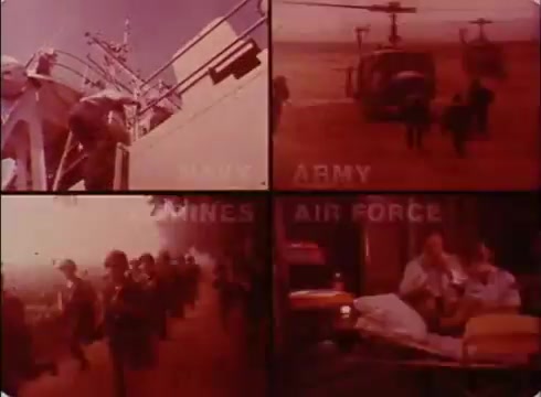 The still depicts a split-screen montage highlighting various branches of the U.S. military, including the Navy, Army, Marines, and Air Force. Each quadrant features distinct scenes: personnel boarding a ship, helicopters in action, soldiers running, and a medical scenario with paramedics. The color tone is warm, suggesting a nostalgic feel typical of 1970s PSAs aimed at promoting the National Guard and Reserve.
