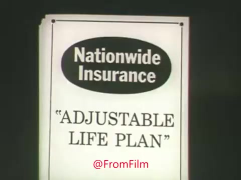 The still features a sign or advertisement for Nationwide Insurance, prominently displaying the text 'ADJUSTABLE LIFE PLAN.' The design is simple and focused on the message, characteristic of marketing materials from the 1960s. The commercial discusses the complexities of managing multiple life insurance policies, indicating that the adjustable plan may offer a more streamlined solution.