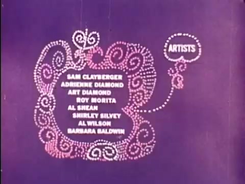 The still features a vibrant purple background embellished with decorative elements resembling a whimsical design. The names of the artists involved in the Rocky and Bullwinkle show appear in a playful font, arranged inside a stylized graphic. The word 'ARTISTS' is highlighted in an accompanying bubble, enhancing the playful and animated feel characteristic of the show's style. Overall, the visual captures the essence of the show's credits presentation with a colorful and fun aesthetic.   Subscribe, like, or follow us on Twitter @FromFilm!